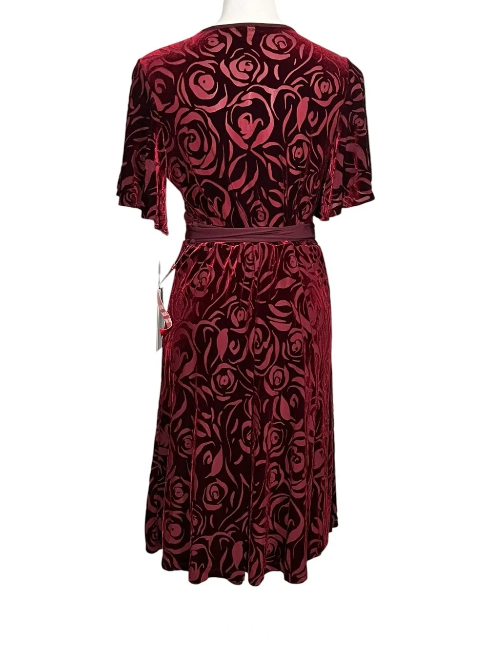 Calvin Klein dress size 8 deep Wine Red Floral Velvet Faux-Wrap tie-waist